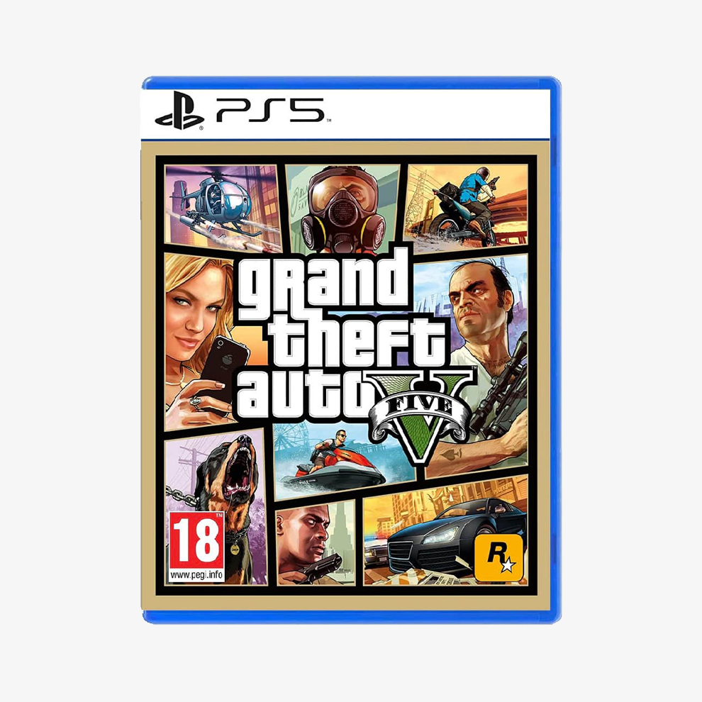 Grand Theft Auto V PS5 game case with character images and rating on a white background