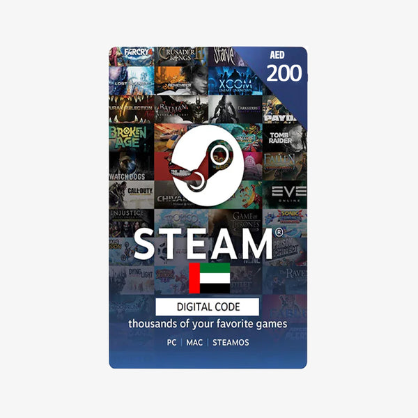 Steam digital code card for sale with game logos on a blue background